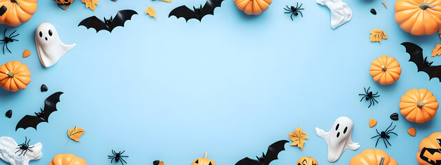 Canvas Print - halloween holiday background with party decorations of pumpkins, bats, ghosts, spiders on blue top v