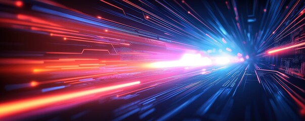 Futuristic tech background shows dynamic light effects, tech lines. Abstract design evokes speed, digital movement. Cyberpunk style with vibrant colors, sense of innovation. Image ideal for tech