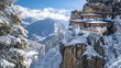 © Daily Stock - A snowy cliffside monastery overlooking a frosty landscape, with a dramatic view of snow-capped peaks and evergreen trees.