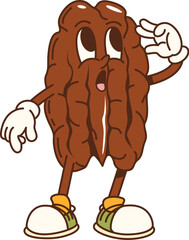 Aufkleber - Cartoon groovy pecan nut character exudes hippie y2k vibes with surprised expressions and. Isolated vector quirky and nutty snack with face, wearing sneakers and promotes health, energy and happiness