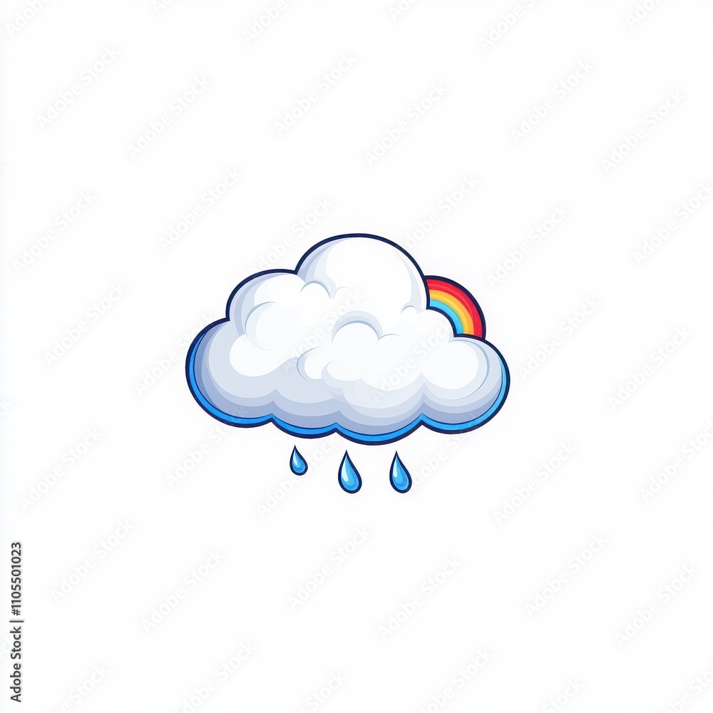 Rain cloud with blue raindrops and a small rainbow on a white ...