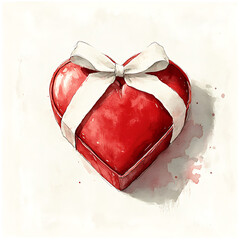 Wall Mural - red heart shaped gift box with white ribbon, symbolizing love and affection. This watercolor illustration captures essence of romance and celebration