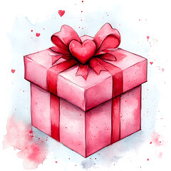 Wall Mural - pink gift box with heart shaped bow, surrounded by watercolor hearts, evokes feelings of love and celebration. Perfect for Valentine Day or special occasions