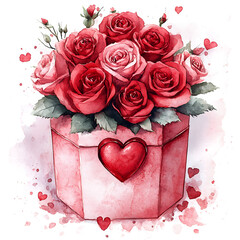 Wall Mural - beautiful watercolor illustration of pink gift box filled with red and pink roses, perfect for Valentine Day. heart shaped design adds romantic touch