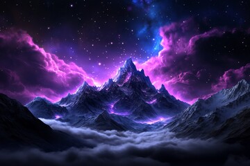 Wall Mural - majestic mountain peaks with vibrant purple nebula and stars in night sky