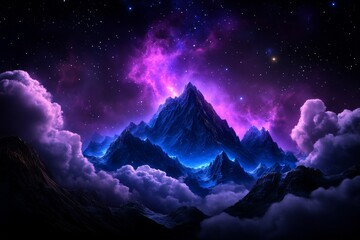 Wall Mural - majestic mountain peaks with vibrant purple nebula and stars in night sky