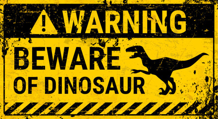 Wall Mural - dinosaur warning grunge metal sign board with vector silhouette of velociraptor, caution yellow tape