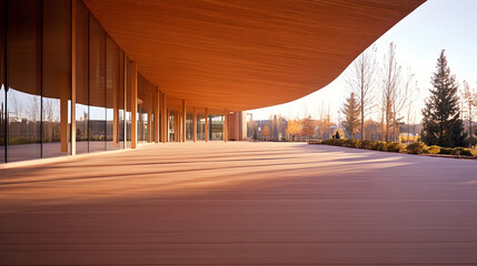 Fototapete - A modern architectural space featuring a wooden canopy, large glass windows, and a serene outdoor setting, bathed in warm sunlight