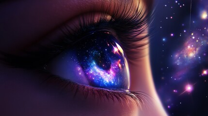 Wall Mural - close-up of human eye reflecting a vibrant galaxy and stars in deep space