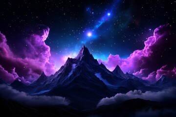 Wall Mural - majestic mountain peak under starry night sky with vibrant nebula and clouds