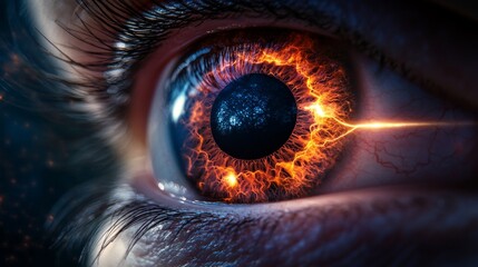 Wall Mural - artistic close-up of human eye with fiery planetary reflection