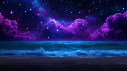 Wall Mural - starry night sky over ocean waves with purple and blue clouds