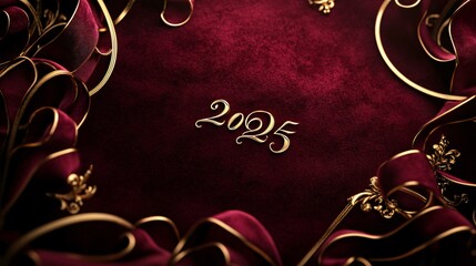 Wall Mural - A luxurious card design with ‘2025’ embossed in gold, surrounded by elegant ribbon curls on a burgundy velvet background