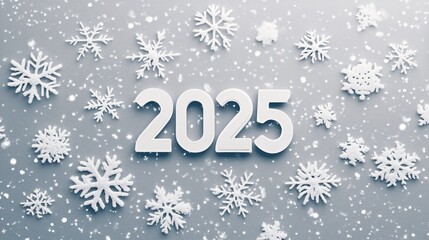 Wall Mural - A modern Christmas card featuring ‘2025’ in bold sans-serif font, accented by minimalist snowflakes on a gray background