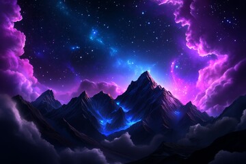 Wall Mural - majestic mountain range under starry night sky with vibrant purple nebula