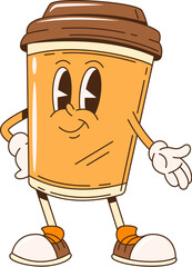 Leinwandbilder - Groovy coffee cup retro cartoon character, vector funny takeaway drink. Groovy coffee or hot chocolate paper cup emoji with funny face and smile for fast food drink or funky retro cartoon character