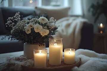 Poster - White Flowers And Lit Candles In Cozy Home Setting