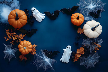 Wall Mural - Halloween party decorations from pumpkins, bats, spider web, ghosts on dark blue background top view. Happy halloween holiday greeting card flat lay style.