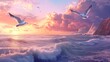 © Rick Cranches - Seagulls flying over a rocky coastline with the ocean waves crashing below, dramatic sunset sky realism