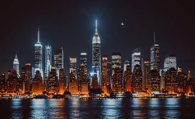 Poster - City skyline with a large building in the middle. The city is lit up at night. The moon is visible in the sky