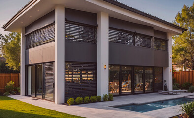 Poster - Large house with a pool and a patio. The house is black and white. There are many windows on the house