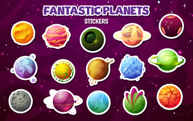 Wall Mural - stickers pack of alien space galaxy planets on starry sky vector background. cartoon outer space pla