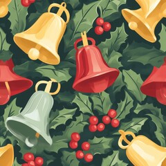 Canvas Print - Christmas Bells and Holly Pattern Design