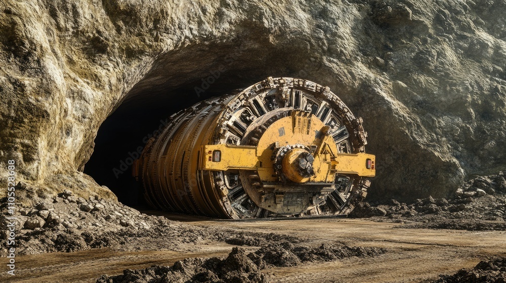 A large tunnel boring machine emerges from a rocky cave, showcasing ...