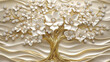 © Viktor - Luxury gold tree with white flowers. Elegant design with 3D effect. Diamonds embellish flowers, branches. Suitable for wallpaper murals. Sophisticated, luxurious style. Perfect for high-end decor.