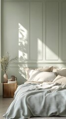 Wall Mural - 12. a minimalist bedroom with soft colors, leaving a central empty wall space for text