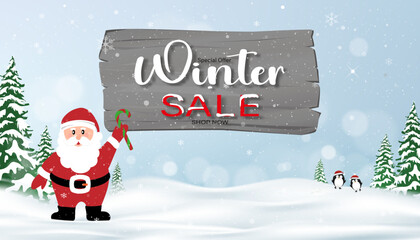 Wall Mural - Christmas Background,Winter Sale with Santa and Penguin ice skating for Product Display on Drifts,Snowflakes,Snow on Blue Background.Vector platform template for Xmas,New Year discount banner