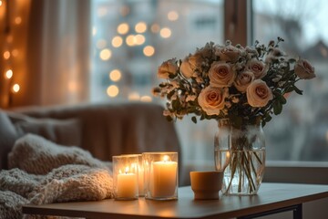 Poster - Cozy Room Setting With Candles And Roses