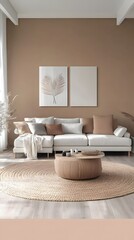 Wall Mural - 16. A peaceful, modern living room with a neutral color palette and an empty space in the middle for text