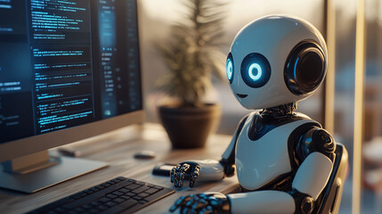 Robot interacts with computer while processing data in a modern workspace