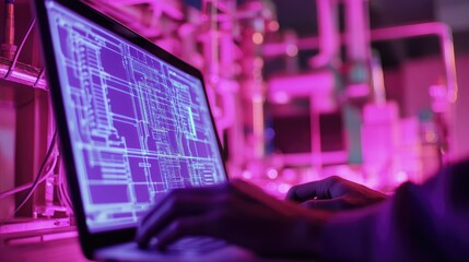 electrical engineer using laptop for design (close up, focus on, copy space) vibrant screen and inte