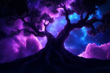 Wall Mural - majestic tree with purple and blue night sky in background