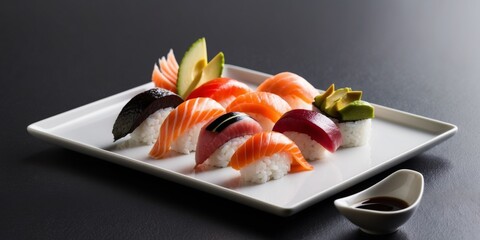 Gourmet sushi selection with fresh ingredients on dark background.