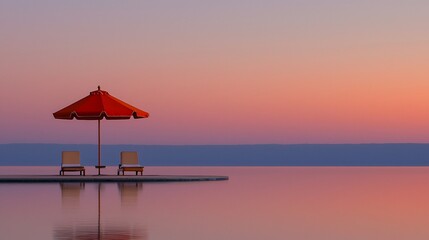 Poster - Two beach chairs and umbrella on pier at sunset.