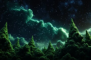 Wall Mural - starry night sky over lush pine forest with glowing clouds