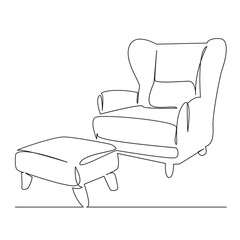 One continuous single drawing line art flat doodle soft chair with ottoman, footrest, comfortable chair, rest after work. Isolated image hand draw contour on a white background, hand drawn, not AI