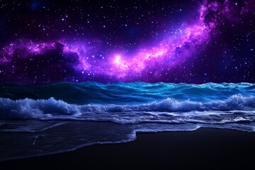Wall Mural - majestic ocean waves under starry night sky with vibrant purple nebula