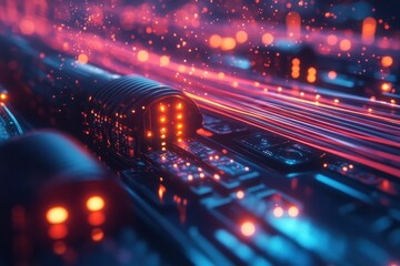 Wall Mural - futuristic circuit board with glowing neon lights and data streams in a high-tech environment