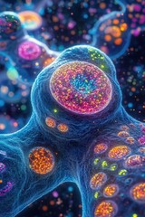 Wall Mural - vibrant microscopic view of colorful cells with intricate patterns and glowing details in a futurist