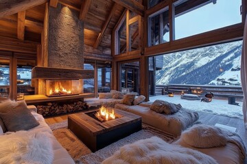 Poster - Cozy Mountain Lodge Living Room Fireplace Winter View