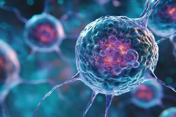 Wall Mural - microscopic view of neural cells with glowing nucleus in a vibrant blue and purple environment