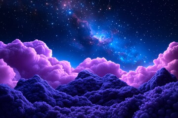 Wall Mural - surreal purple mountain range under starry night sky with cosmic nebula