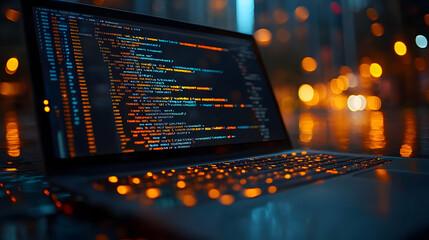 coding at night: laptop displays program lines with city lights background