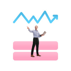 Wall Mural - Strategy. Businessman pointing to upward trend graph icon while holding laptop, representing growth and strategy in business. Contemporary art collage. Concept of business, branding