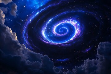 Wall Mural - spiral galaxy in deep space with bright blue and purple swirls surrounded by stars and clouds