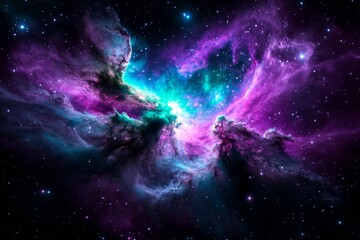 Wall Mural - expansive cosmic nebula with bright purple and blue swirling clouds in starry universe